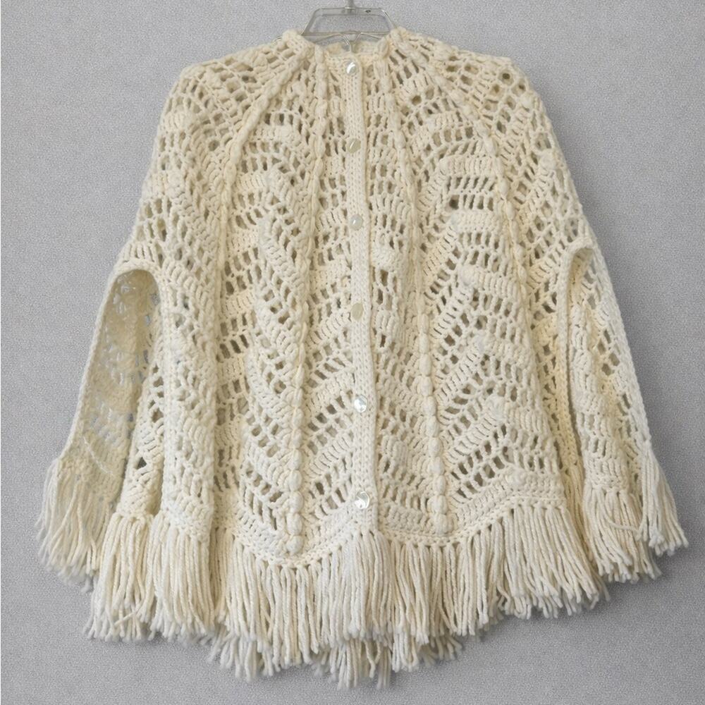 Vintage 1970s Hand-Crocheted Fringe Cape Poncho